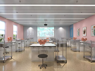 School Science Lab With Pink Walls Windows Metal Lab Tables Projector Screen And Orange Models 3d model