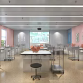 School Science Lab With Pink Walls Windows Metal Lab Tables Projector Screen And Orange Models