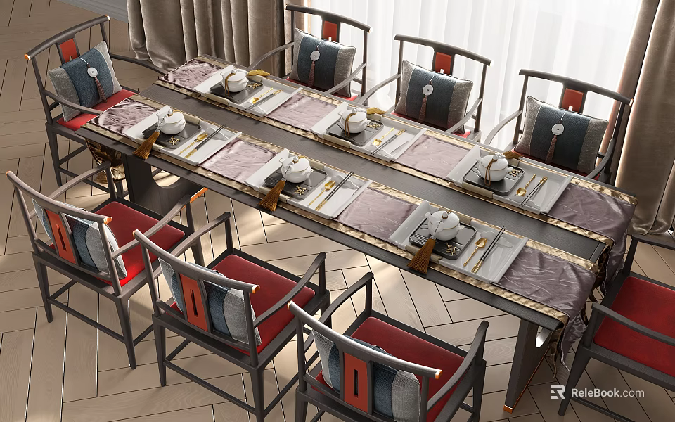 Chinese Style Dining Table Set with Red and Gray Upholstered Chairs and Tableware 3d model