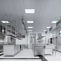 Commercial Kitchen Interior With Stainless Steel Worktables Shelves Range Hoods And Lighting