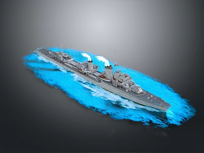 Warship Sailing on Blue Sea Water with White Smoke Emission from Chimneys 3d model
