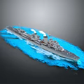 Warship Sailing on Blue Sea Water with White Smoke Emission from Chimneys