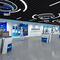 Showroom Interior With Product Display Blue Background White Counters And Human Models 3d model