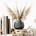 Natural Decorative Ornament Set With Green Eucalyptus Leaves White Blossoms Books Candles And Golden Accents