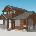 Wooden Two Story Detached Villa With Gray Roof White Porch Railings And Mountain View