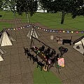 Scenic Garden Landscape With Canvas Tents Green Grass Trees And Bunting Flags
