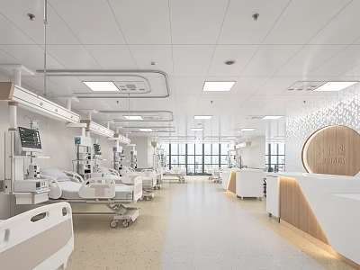 Modern Hospital Ward Interior With Medical Beds Equipment White Ceiling And Large Windows 3d model