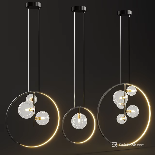 Modern Hanging Chandeliers With Circular Gold Ring And Transparent Glass Bulbs 3d model 
