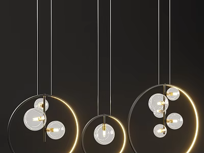 Modern Hanging Chandeliers With Circular Gold Ring And Transparent Glass Bulbs 3d model