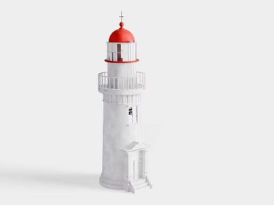 White Lighthouse With Red Top Cross Balcony Railings And Door Design 3d model