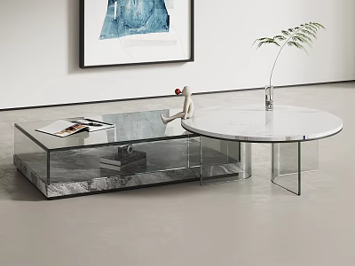 Modern Glass Top Coffee Table With Marble Base And Plant Decor 3d model