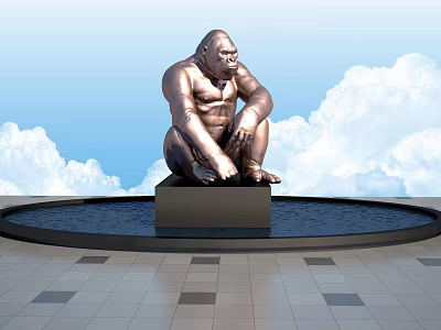 Silver Gorilla Sculpture Sitting on Black Pedestal Water Around Blue Sky White Clouds Tiled Floor 3d model