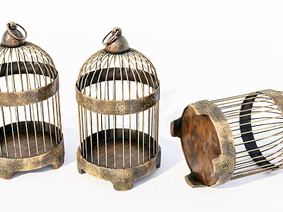 Three Piece Vintage Metal Birdcage Decorative Ornament Set With Carved Design 3d model
