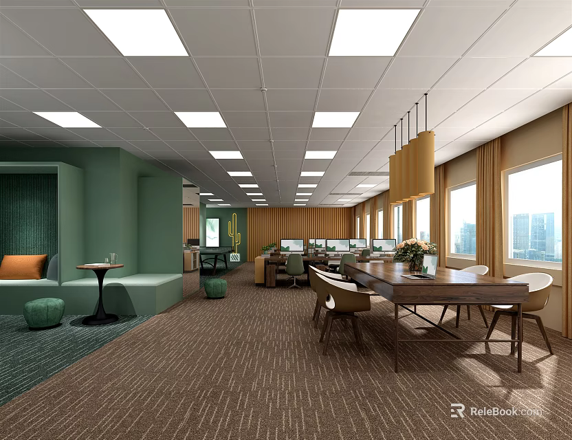 Modern Public Office Space Design Featuring Large Windows Natural Light And Comfortable Seating 3d model 
