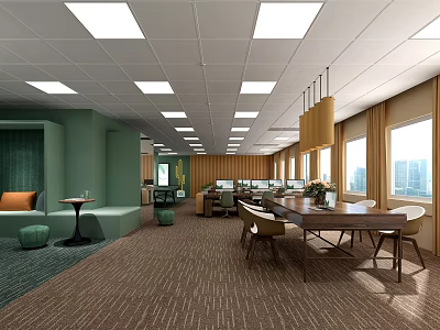 Modern Public Office Space Design Featuring Large Windows Natural Light And Comfortable Seating 3d model