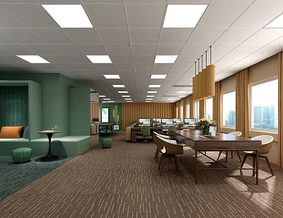 Modern Public Office Space Design Featuring Large Windows Natural Light And Comfortable Seating 3d model