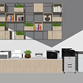 Organized Office Space With Bookshelves Books Plants And Office Appliances On Light Cabinets