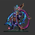 Vibrant Fantasy Game Movie Characters With Purple Blue Rings Magical Staffs On Green Bases
