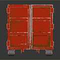 Red Metal Dumpster With Rusty Green Spots And Wheels On Reflective Surface