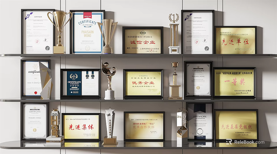 Collection of Various Trophies and Medals with Certificates Displayed on Decorative Shelves for Recognition Awards 3d model 