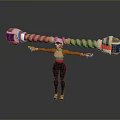 Game Movie Character with Pink Hair Mask Holding Long Red White Striped Weapon Arms Outstretched