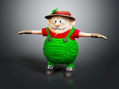 Cartoon Farmer Character With Straw Hat Mustache Red Shirt Green Overalls Brown Gloves Arms Outstretched 3d model