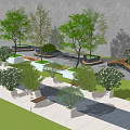 White Concrete Tree Planters With Green Trees And Black Perforated Walkway