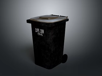 Black Plastic Trash Bin With Corporation Label And Lid And Wheels 3d model