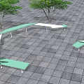 Modern Outdoor Chairs in Circular Arrangement on Plaza with Gray Tiled Ground and Green Trees