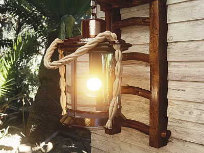 Wooden Wall Lamp with Rope Decoration Illuminated in Outdoor Garden Setting 3d model