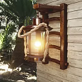 Wooden Wall Lamp with Rope Decoration Illuminated in Outdoor Garden Setting