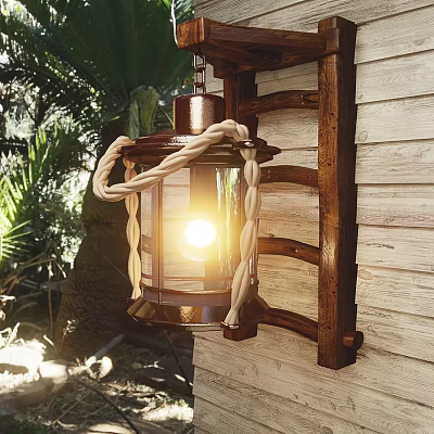 Wooden Wall Lamp with Rope Decoration Illuminated in Outdoor Garden Setting 3d model