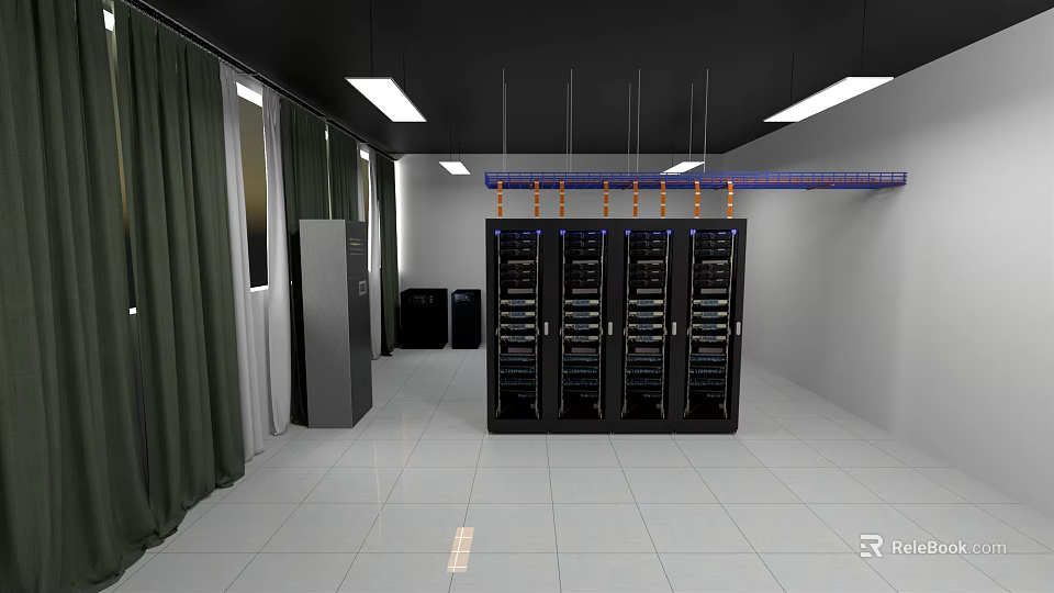 Data Center Interior With Server Racks Equipment White Floor And Lighting 3d model