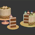 Delicious Layered Cake With Cream Toppings And Decorative Elements On Golden Platters