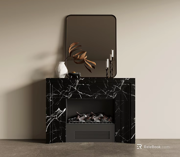 Black Marble Fireplace With Mirror And Decorative Items Like White Vase Deer Sculpture 3d model 