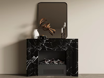 Black Marble Fireplace With Mirror And Decorative Items Like White Vase Deer Sculpture 3d model
