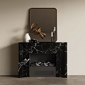 Black Marble Fireplace With Mirror And Decorative Items Like White Vase Deer Sculpture