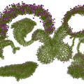 Green Trimmed Bushes with Circular Wreaths Purple Small Flowers and Abstract Shaped Designs