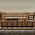 Modern Restaurant Interior With Long Dining Table Chairs And Wine Rack Wall Lighting 3d model