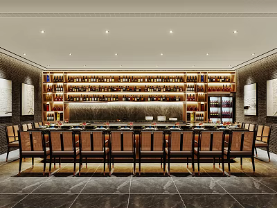 Modern Restaurant Interior With Long Dining Table Chairs And Wine Rack Wall Lighting 3d model