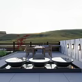 Modern Garden Landscape with Outdoor Terrace Table Chairs Black Fire Pit Steps and Green Hills