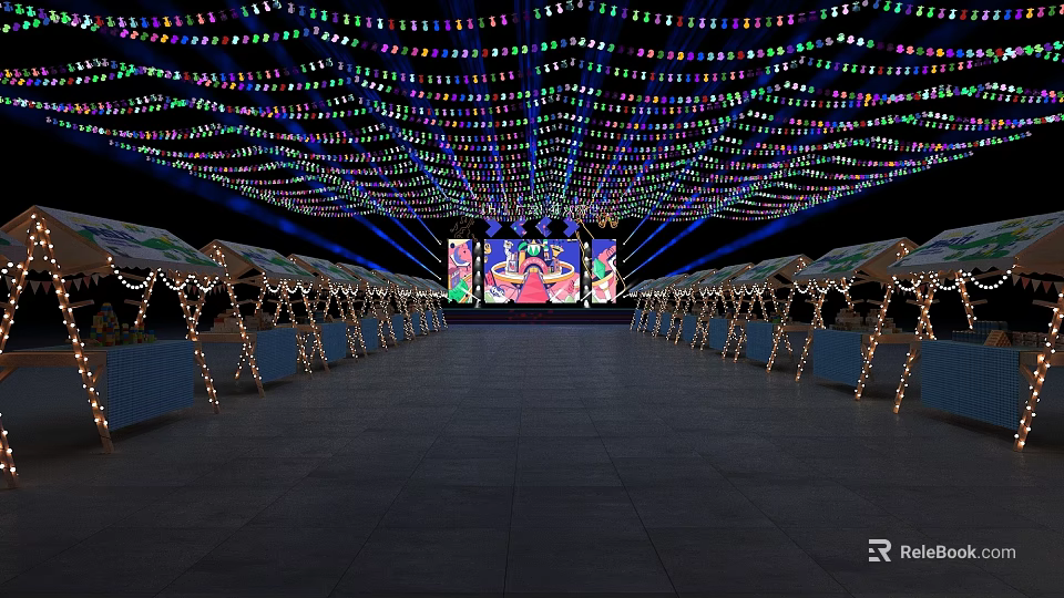 Illuminated Stage With Colorful Overhead Light Strings Central Large Screen And Decorative Tents 3d model 