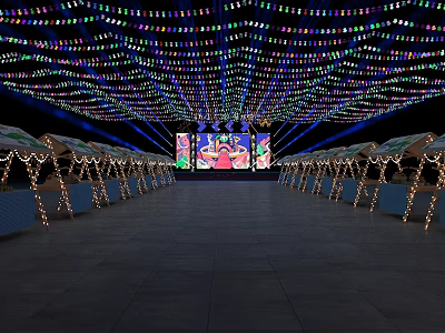 Illuminated Stage With Colorful Overhead Light Strings Central Large Screen And Decorative Tents 3d model