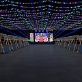 Illuminated Stage With Colorful Overhead Light Strings Central Large Screen And Decorative Tents