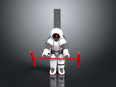 White Robot With Astronaut Design Standing And Red Tools On Reflective Surface 3d model