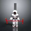 White Robot With Astronaut Design Standing And Red Tools On Reflective Surface