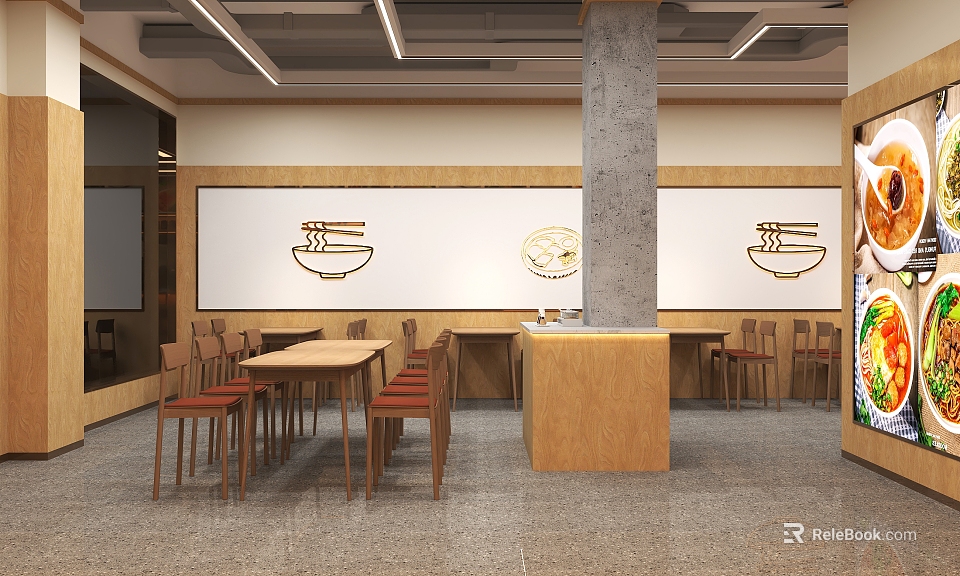 Modern Restaurant Interior With Wooden Tables Chairs Wall Art Concrete Pillar And Counter 3d model 