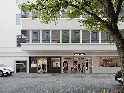 Modern Storefront Facade With Glass Door Signboard Pedestrians Tree And Parked Car 3d model