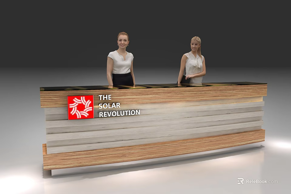 Modern Wooden Striped Reception Desk With The Solar Revolution Logo And Two Receptionists Behind 3d model 