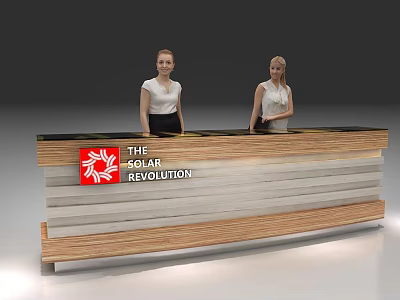 Modern Wooden Striped Reception Desk With The Solar Revolution Logo And Two Receptionists Behind 3d model